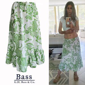 Bass Cotton & Linen Boho White & Green Floral Midi / Maxi Skirt 38” waist - S/M